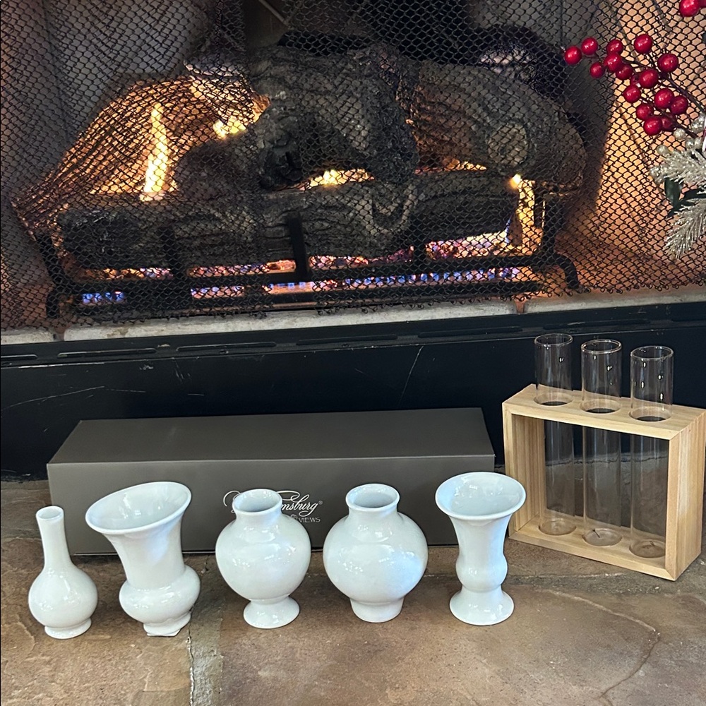 New Williamsburg Elegant White Vase Set of 5 and wooden 3 tube vase.